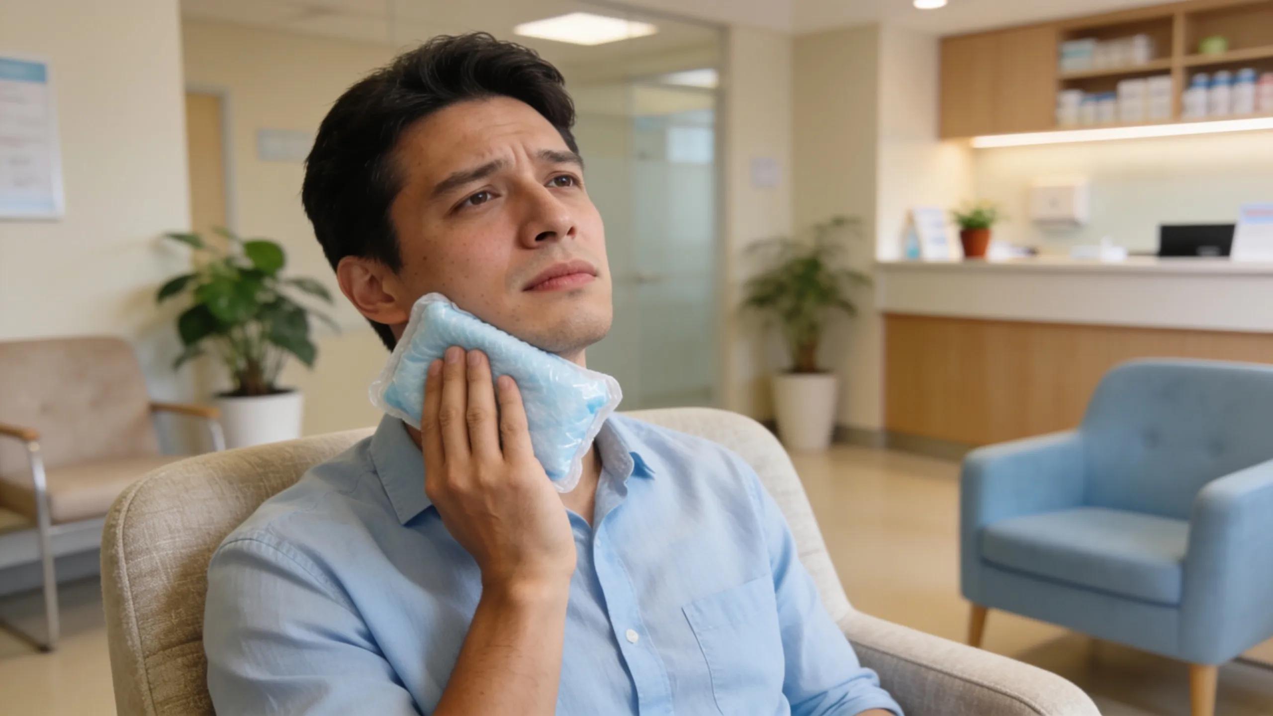 Patient managing pain with a cold compress while waiting for emergency dental care