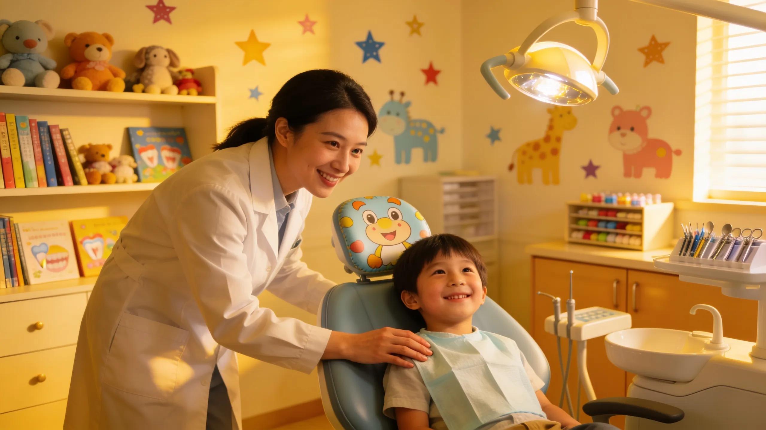 Family dental clinic environment with a dentist and child, showcasing warmth and care