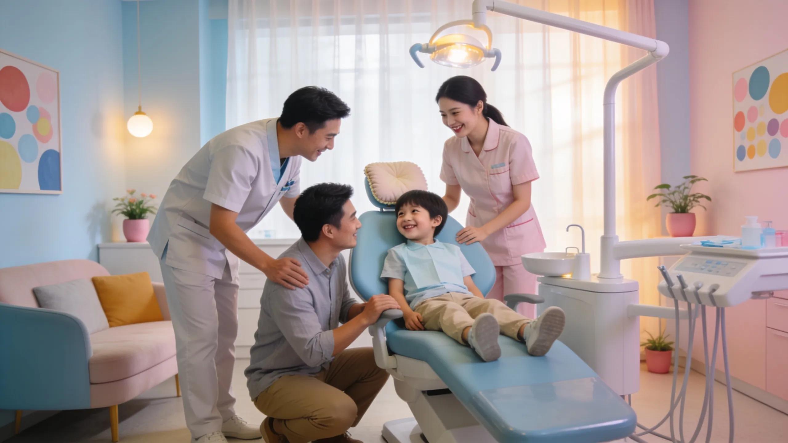 Engaging family-friendly dental care environment with a smiling child and a friendly dentist