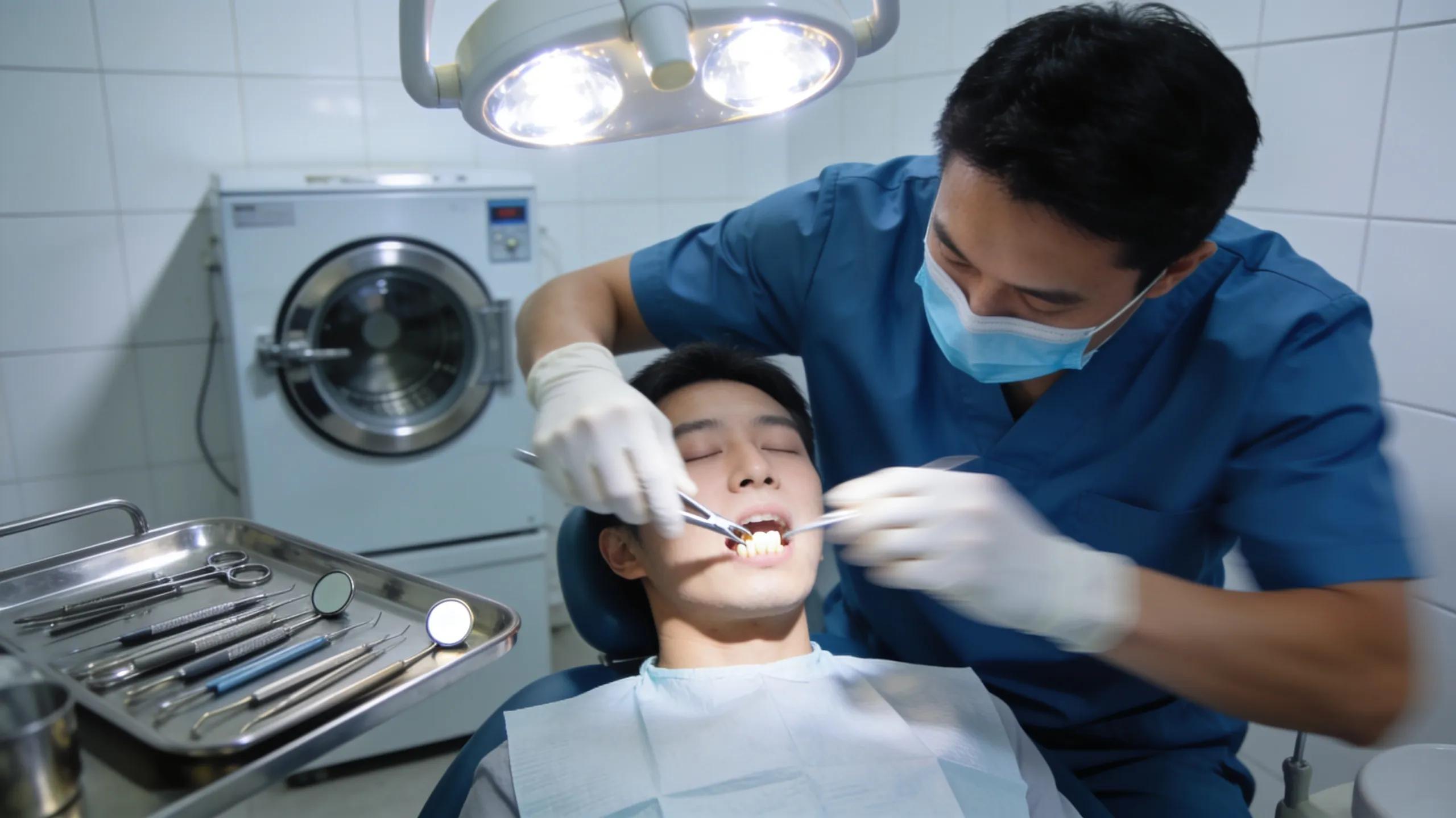 Dentist performing an emergency tooth extraction in a professional setting
