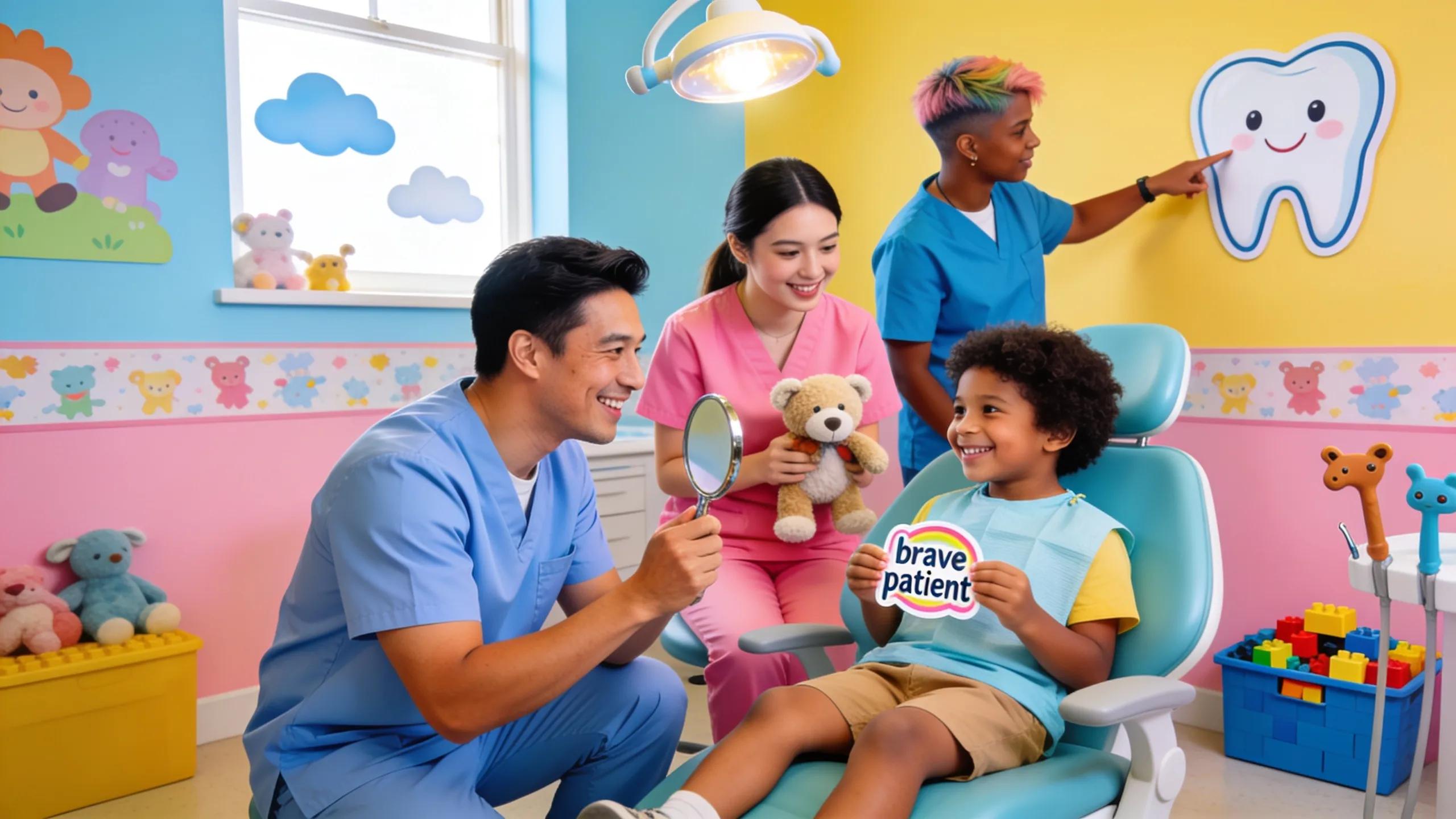 Friendly dental team providing pediatric dental services with a child in a welcoming dental office