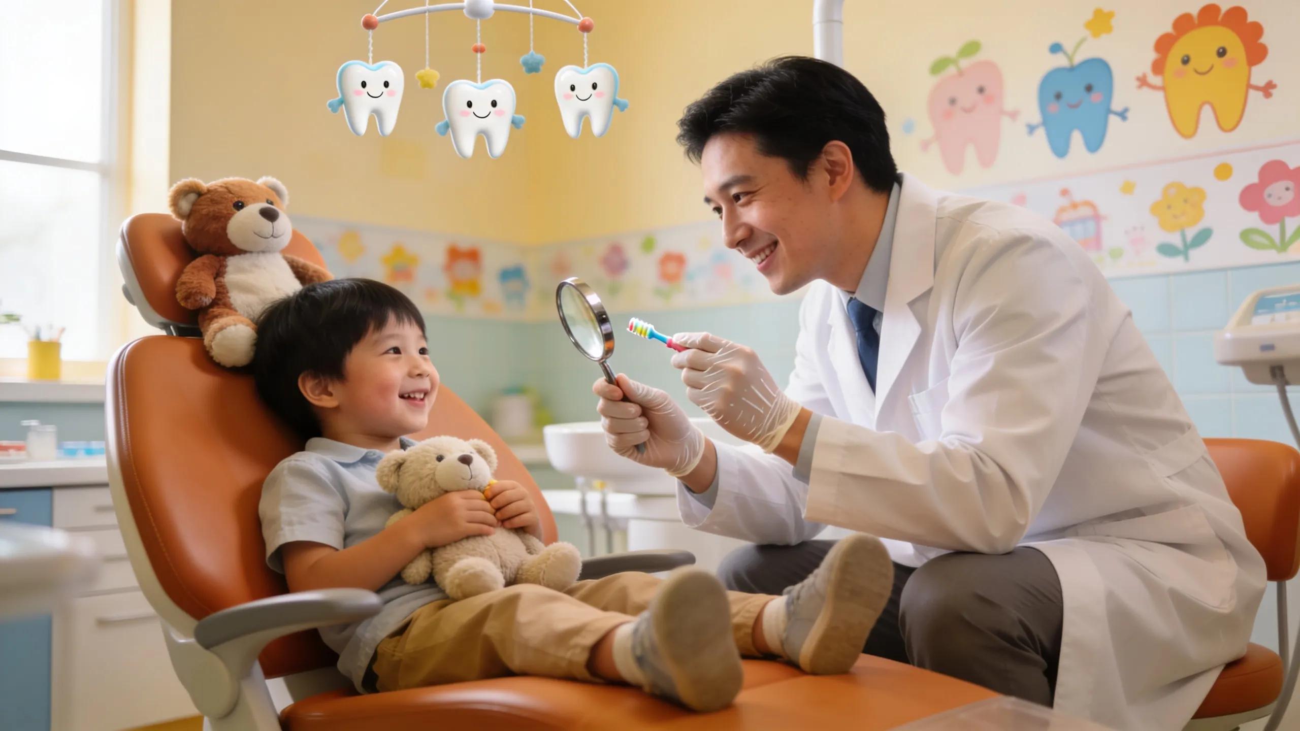 Caring dentist providing pediatric dental checkup in a family-friendly environment