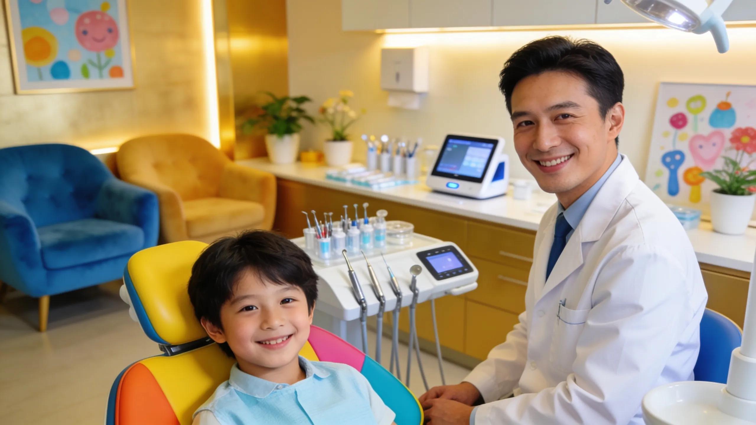 Friendly dentist in a comfortable modern dental office engaging with a young patient, emphasizing a welcoming dental care environment