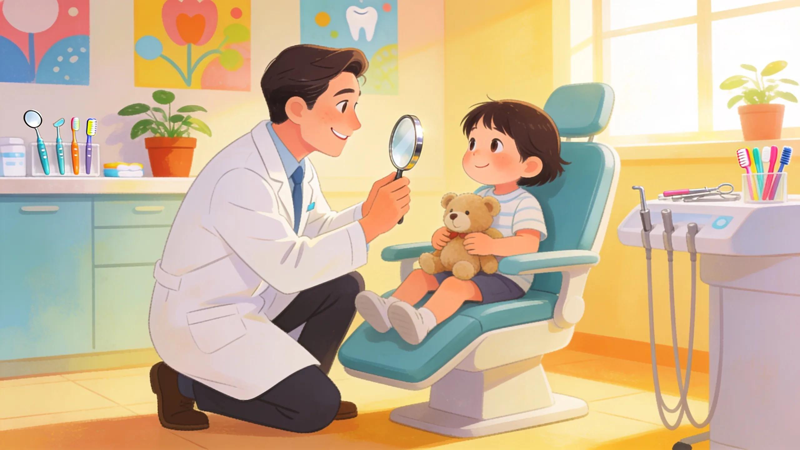 Dentist interacting with a child in a friendly consulting room, highlighting family dental services