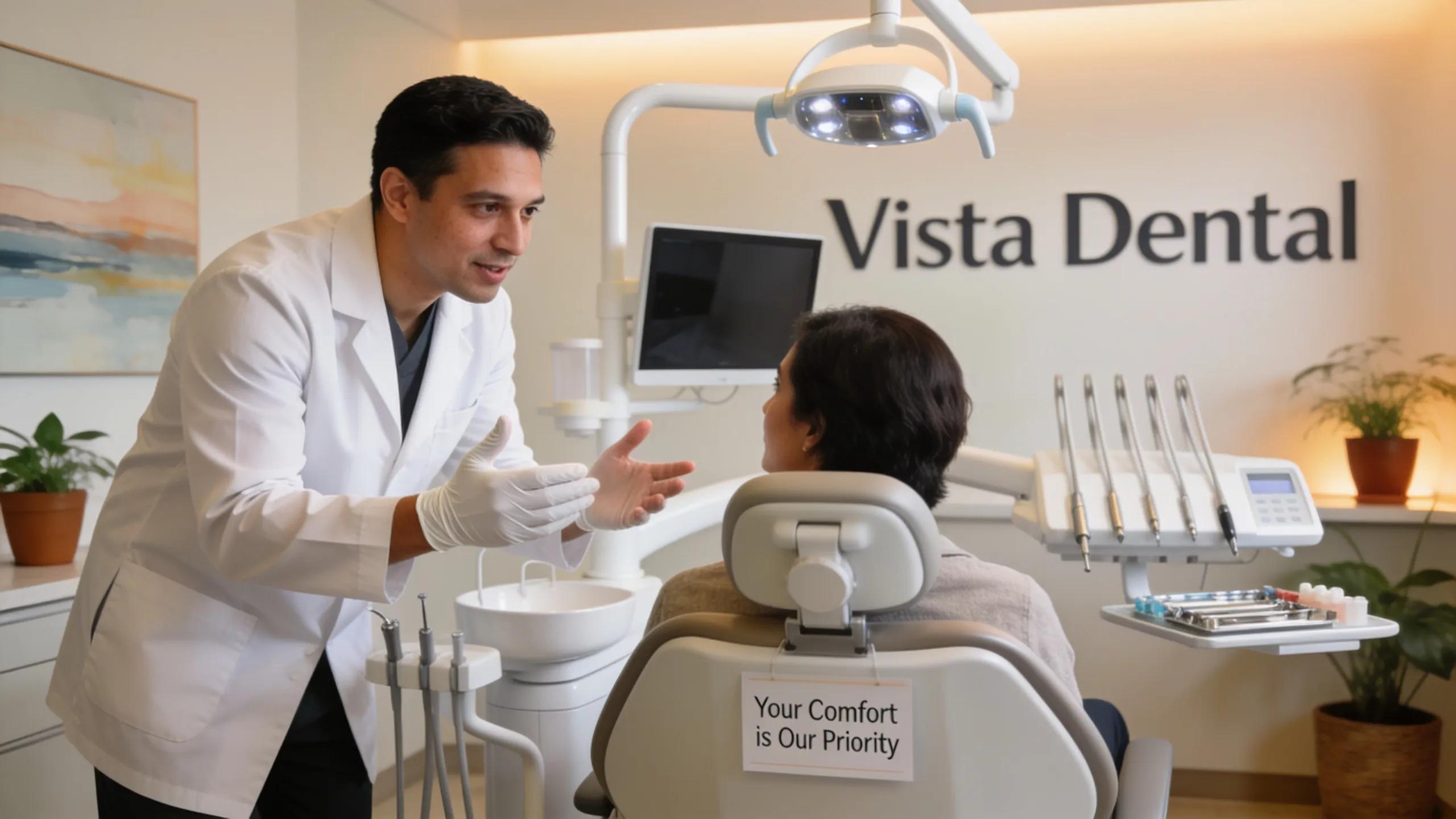 Dental staff member providing a reassuring explanation to a patient in a modern dental office