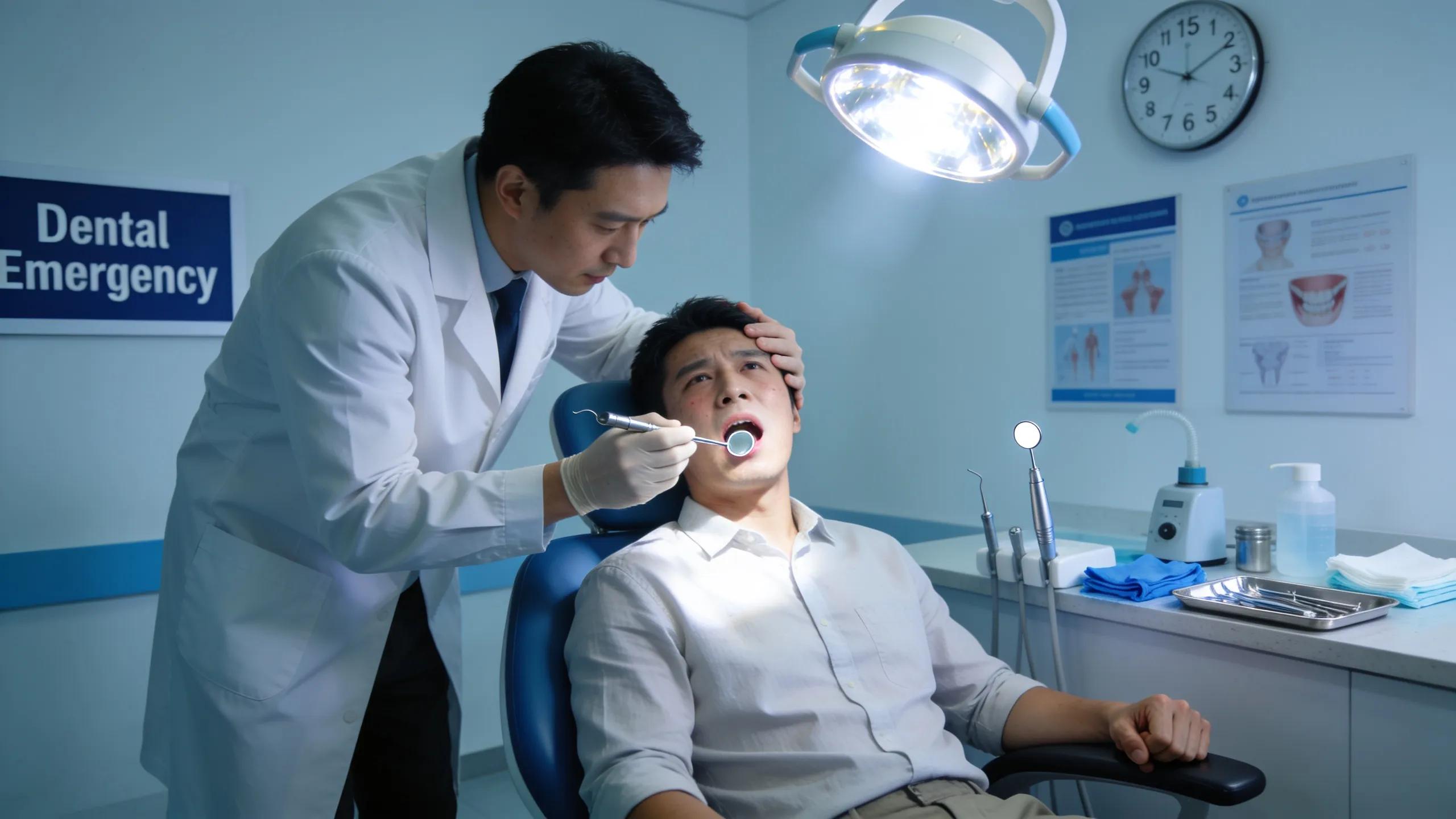Dental emergency care setting with a professional assisting a patient during an urgent dental issue