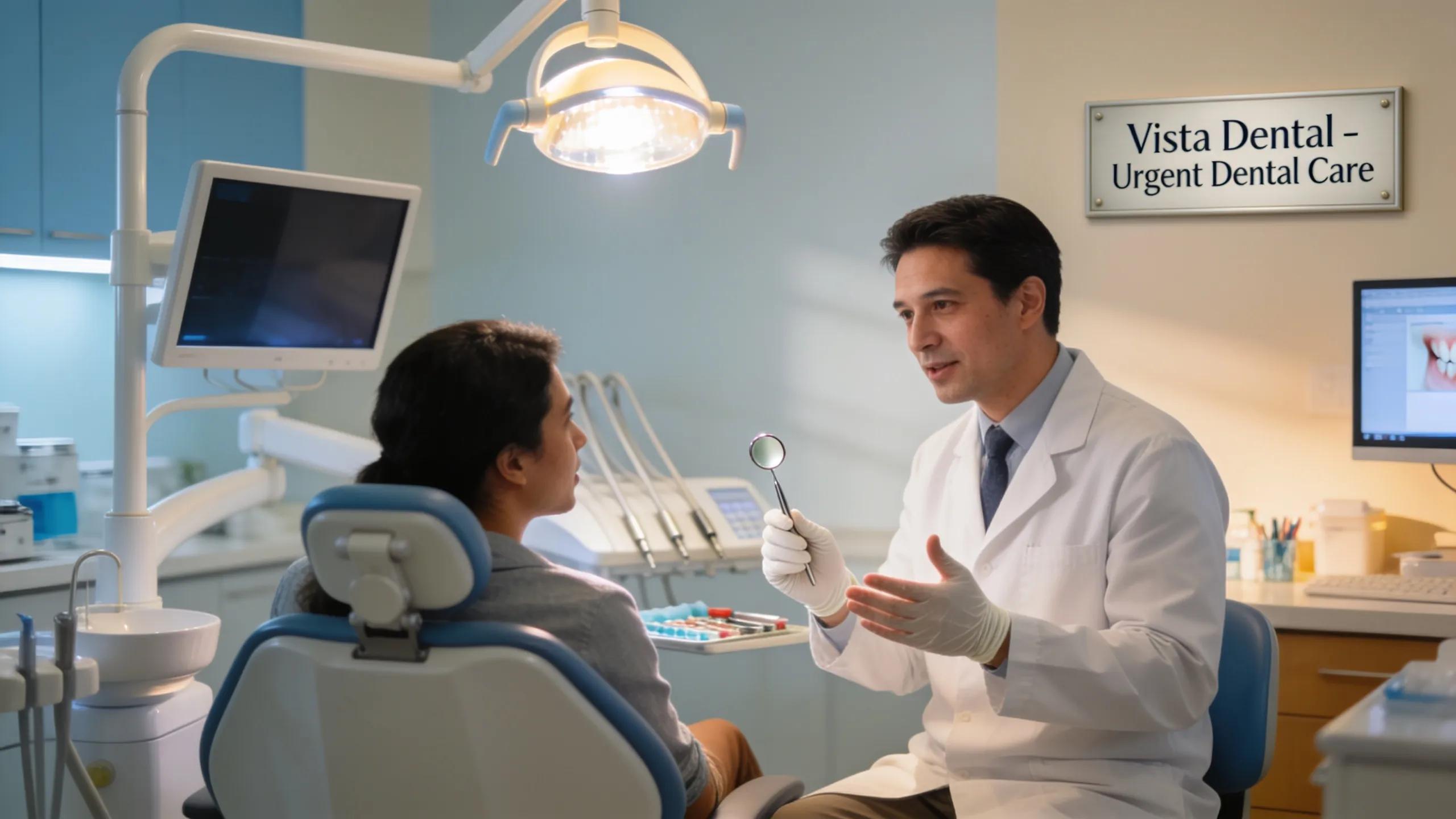 Patient consulting with a dentist about emergency dental issues, representing prompt and professional emergency dental care services