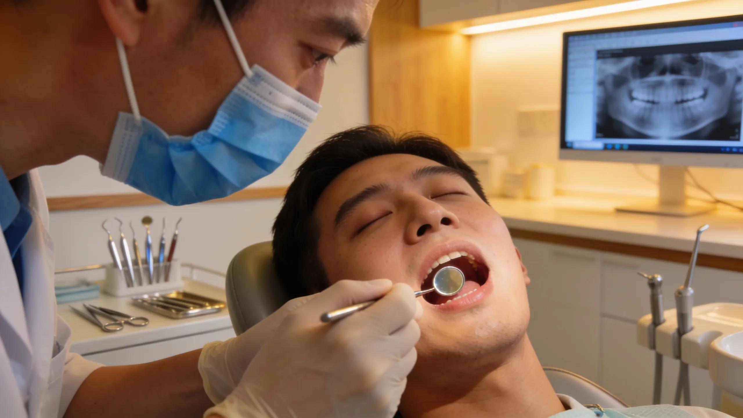 Emergency dentist examining patient in a professional dental clinic