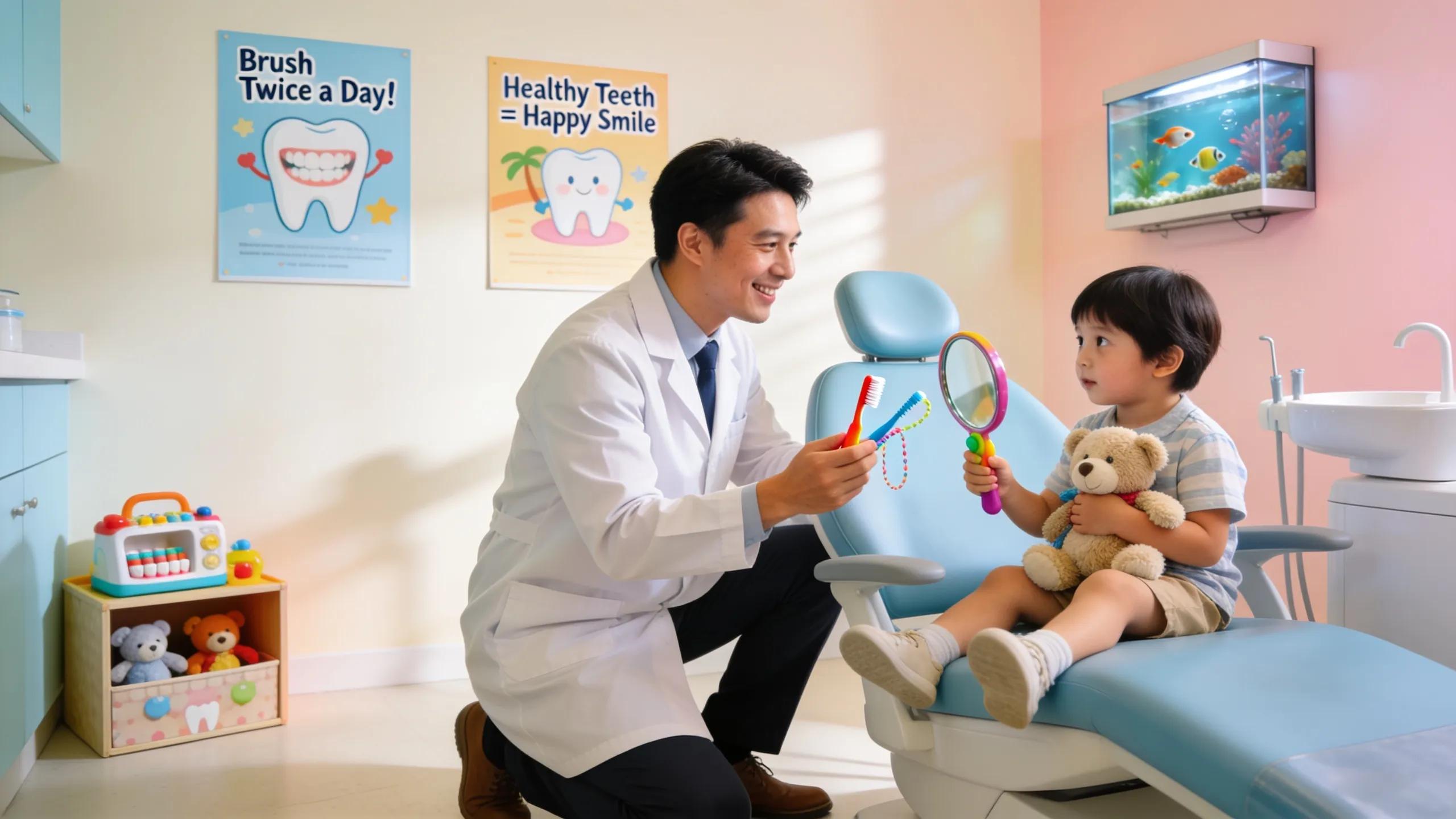 Family dentist showing care to a child in a friendly dental environment