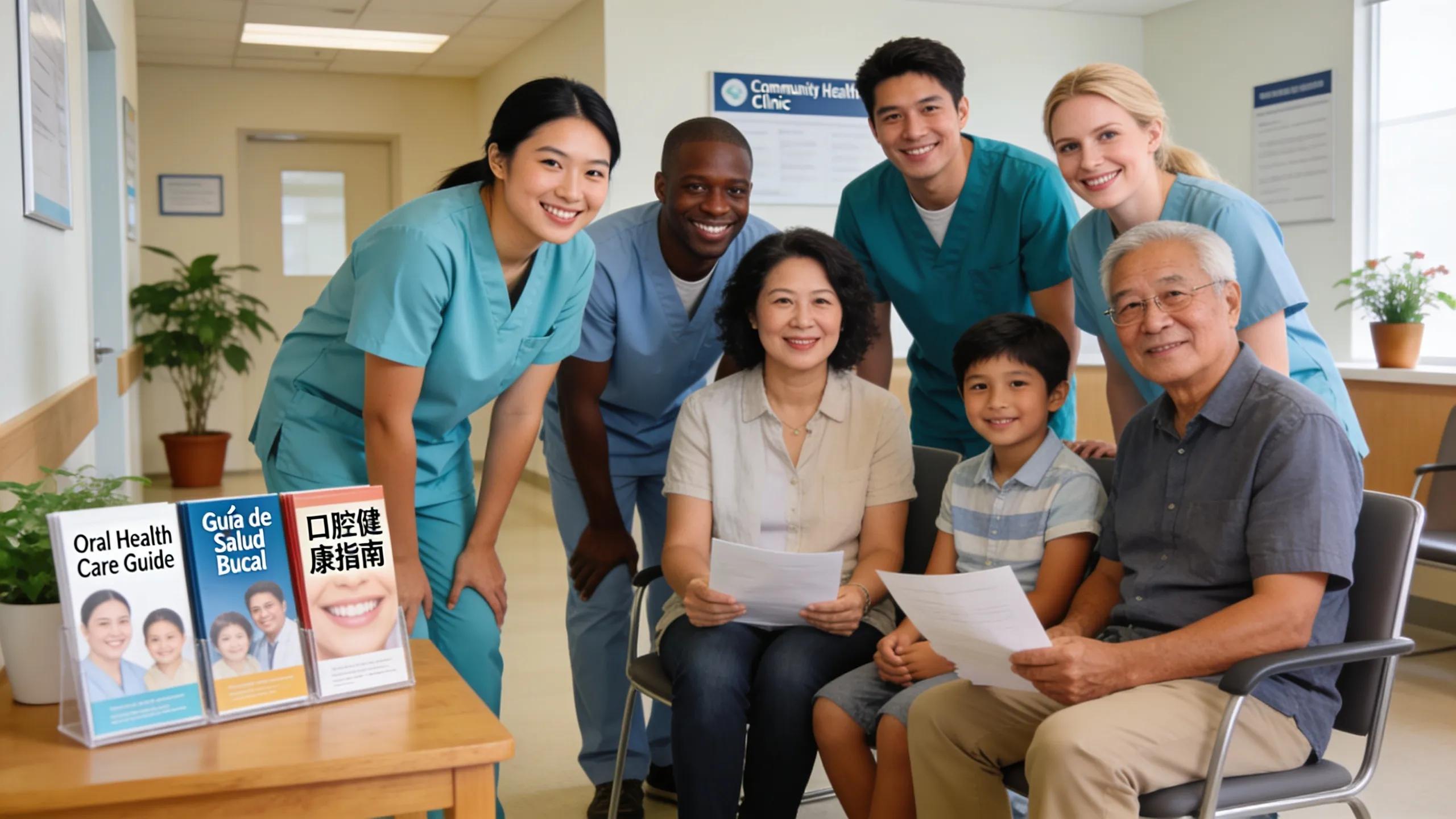 Diverse dental team in a community clinic supporting multilingual patient care