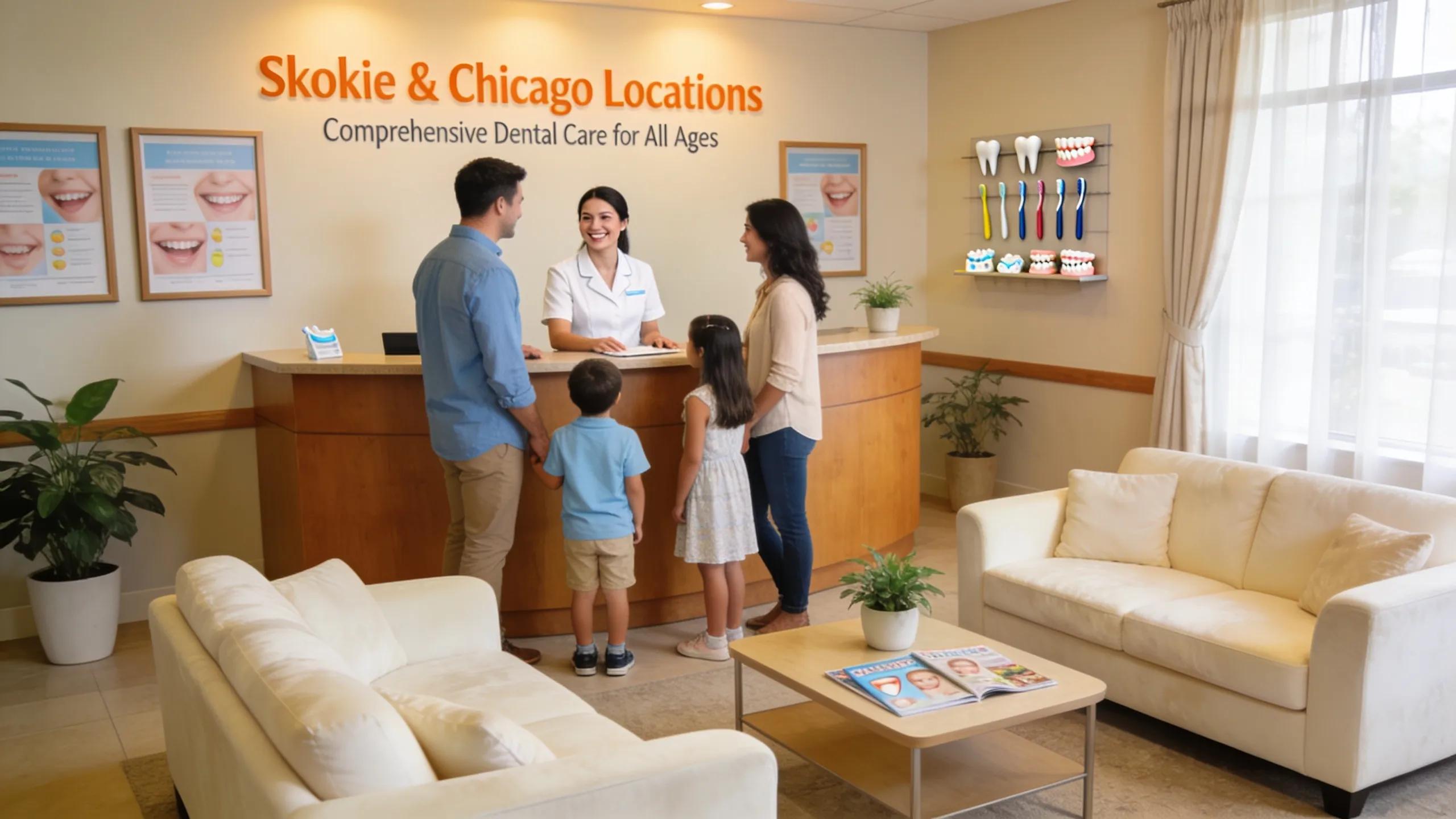 Friendly dental office reception highlighting two locations in Skokie and Chicago