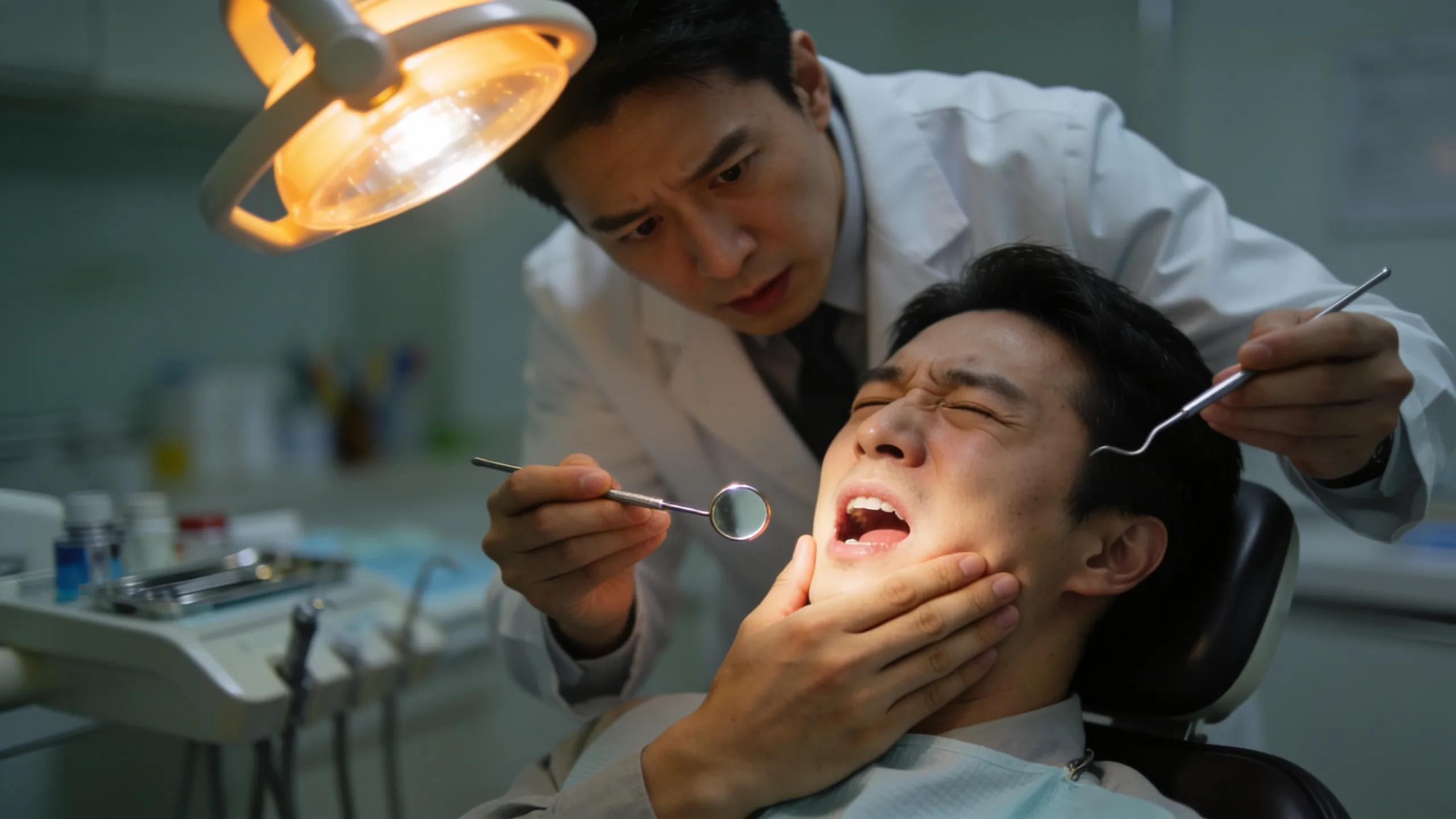 Patient in distress being assessed by a caring dental professional in an urgent care setting