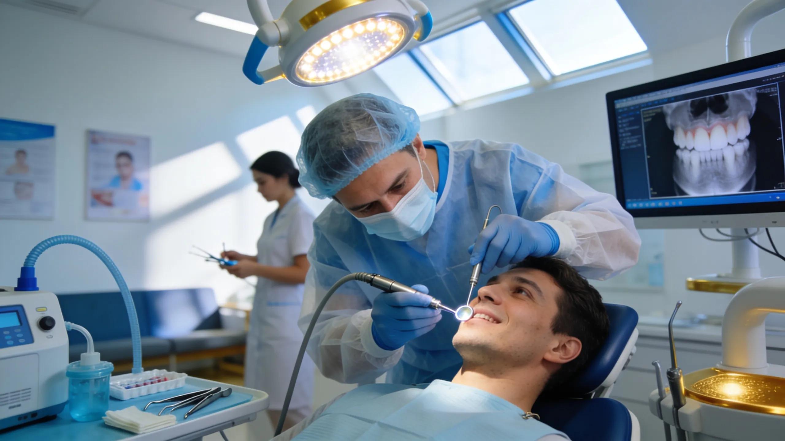 Emergency dentist treating a patient in a well-equipped dental office