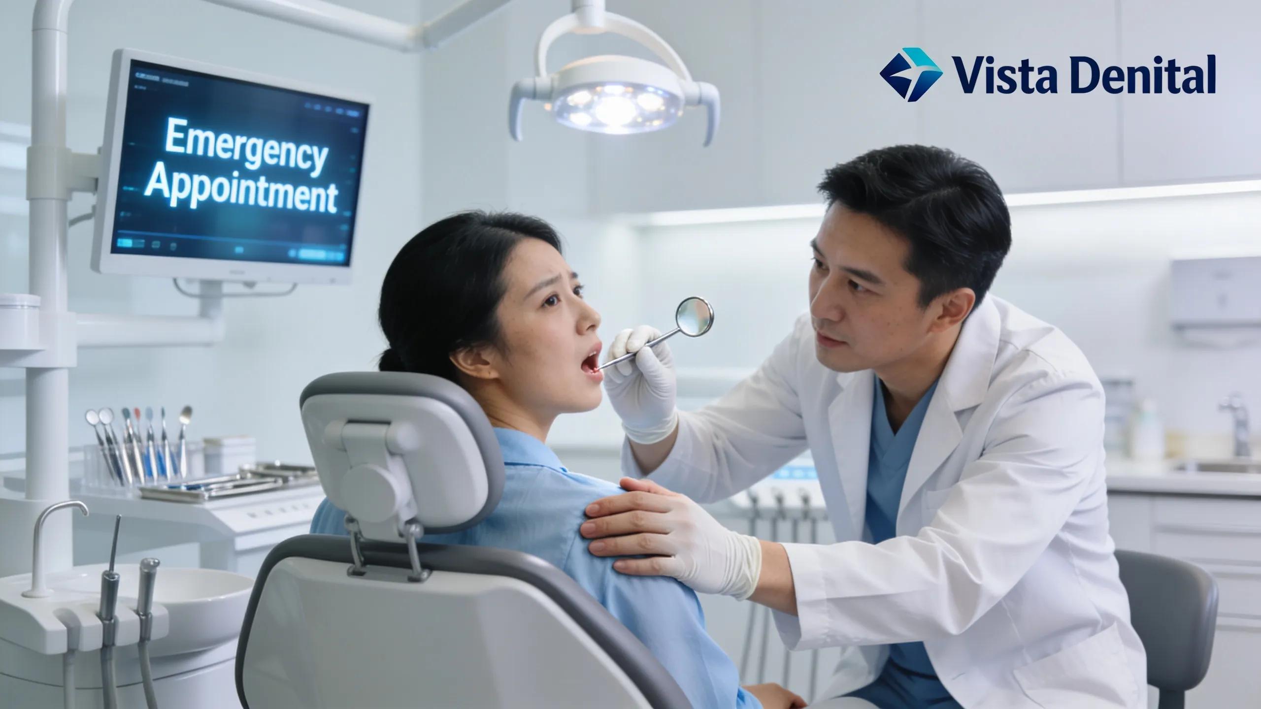 Dental professional providing emergency care to a patient in a modern office