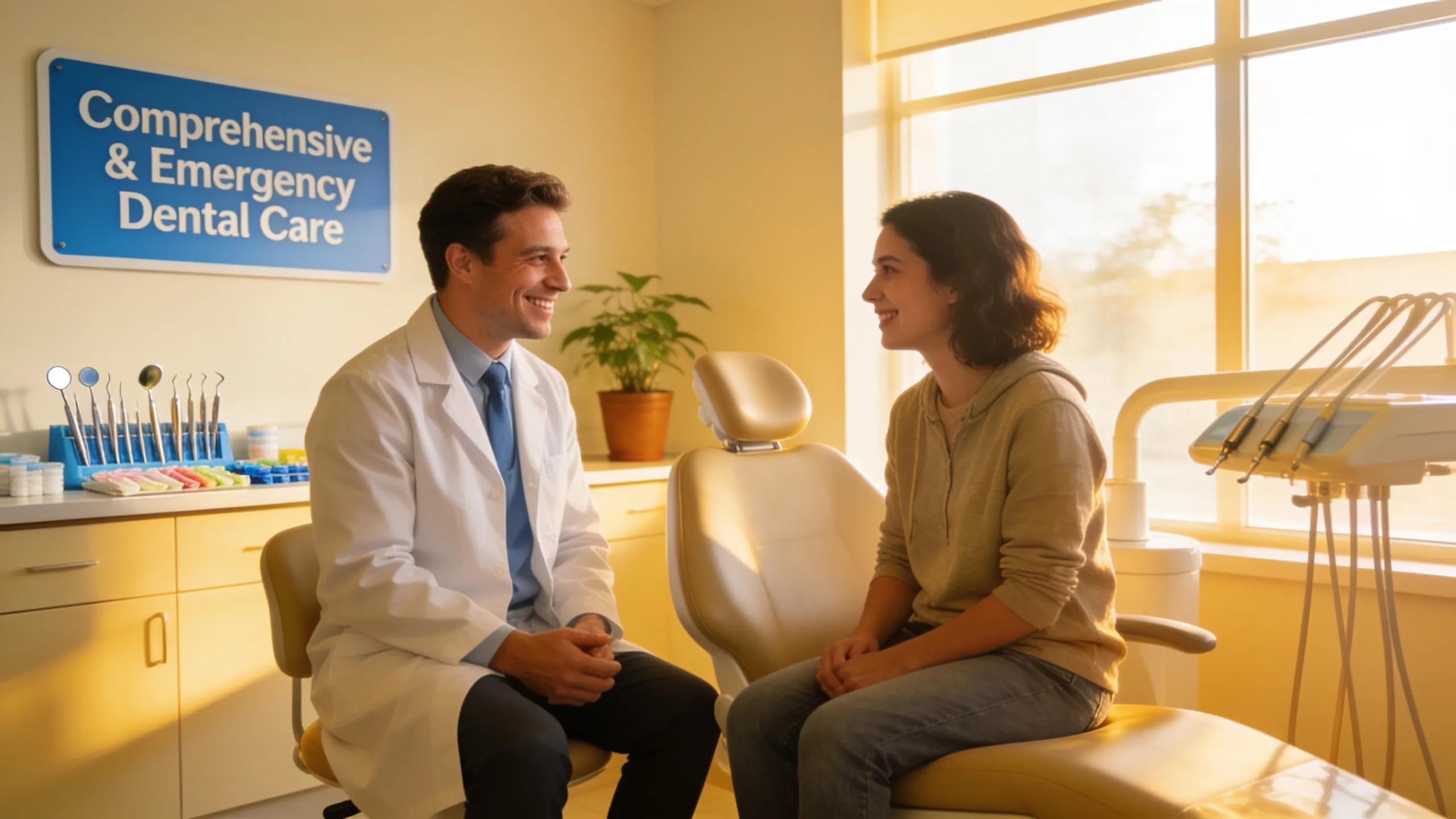 Friendly dentist engaging with a patient in a warm dental clinic environment