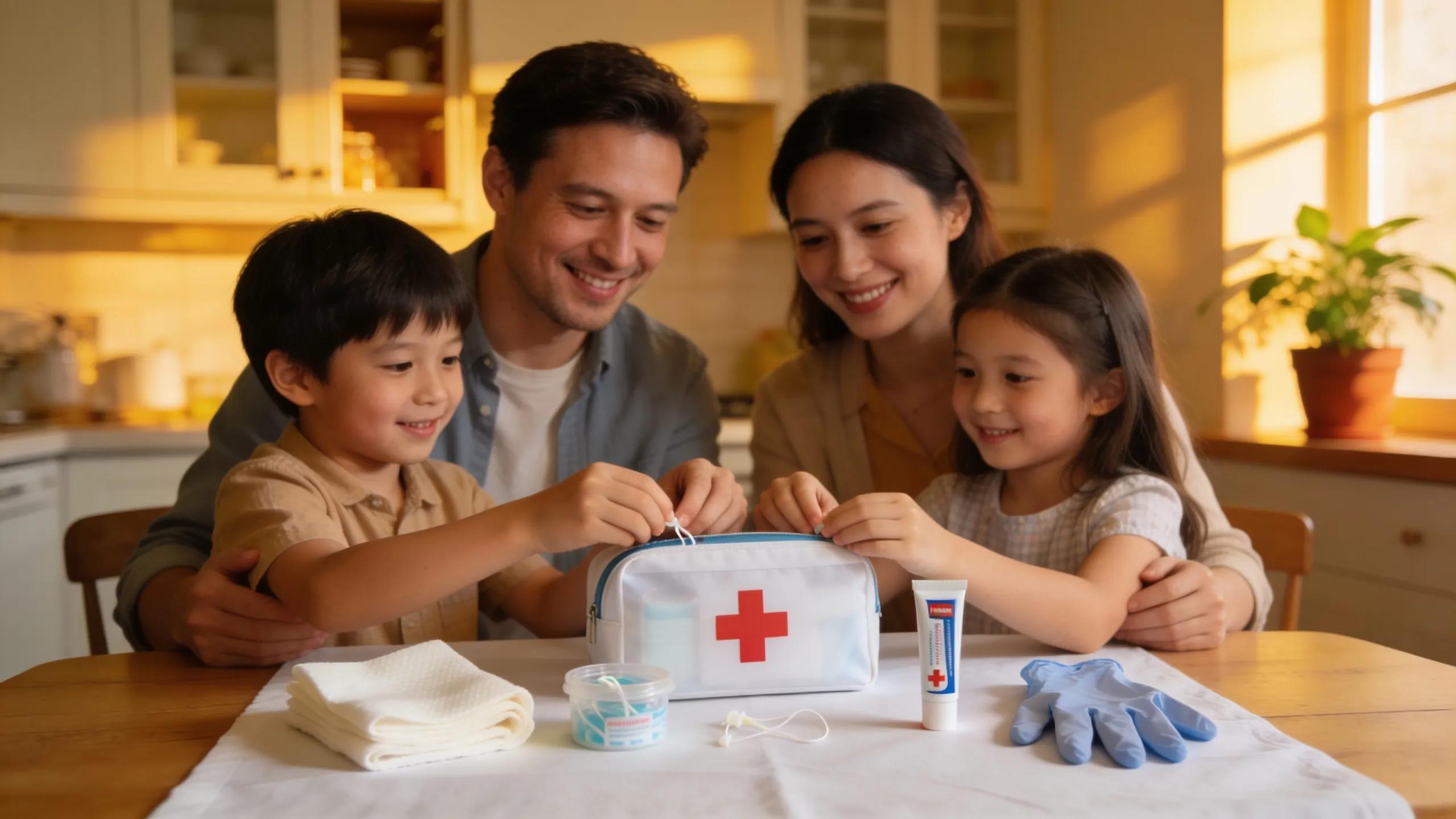Family preparing a dental emergency first aid kit at home