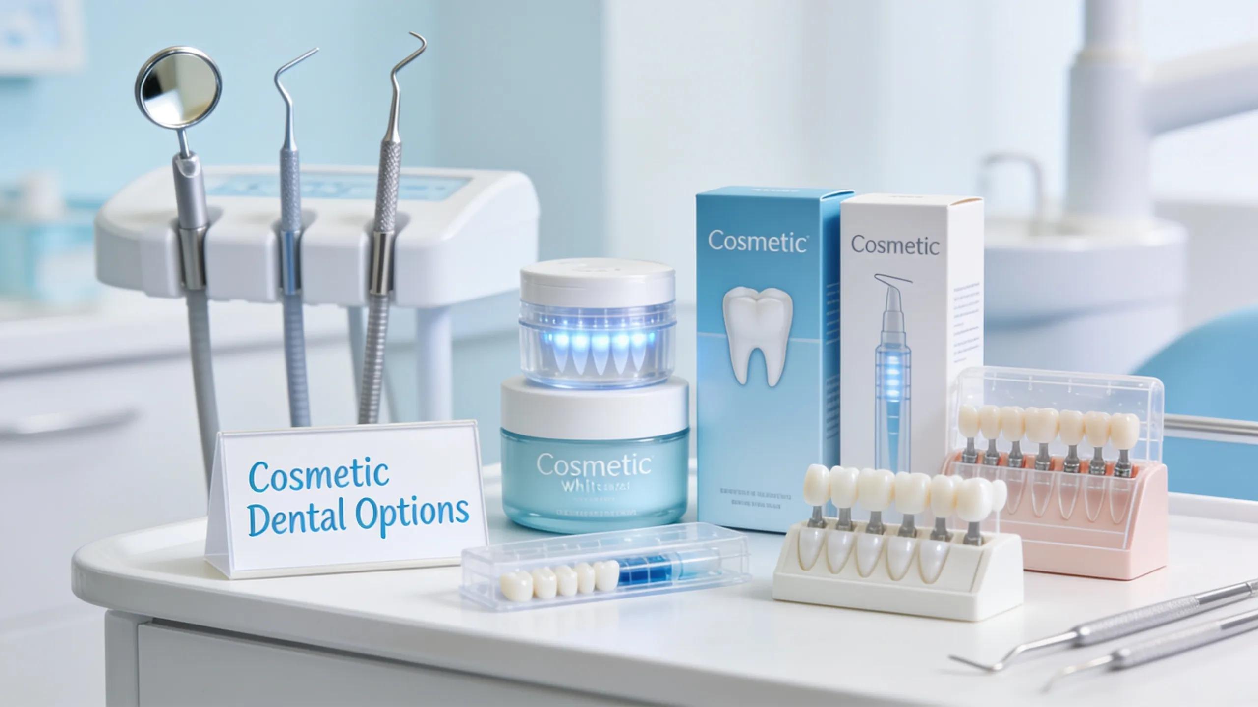 Cosmetic dentistry products including whitening kits and veneers displayed in a Portage Park dental office